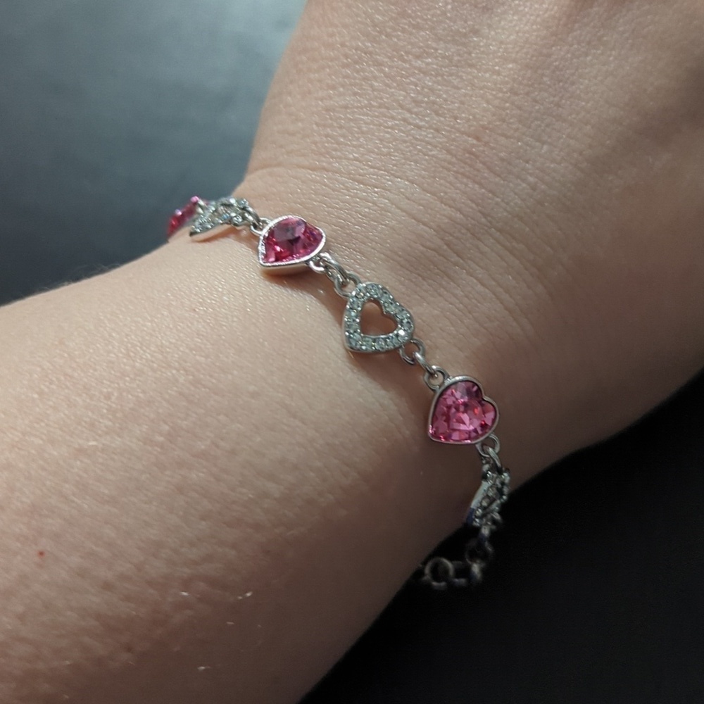 Silver Tone Pink and Clear Rhinestone Heart Shape Statement Bracelet